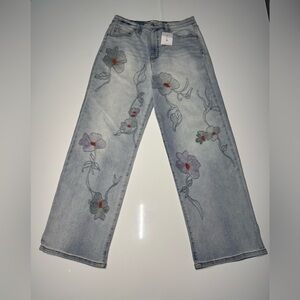 Jessica Simpson Wide Leg Boyfriend Jeans Floral Embroidered Size 8 Women's